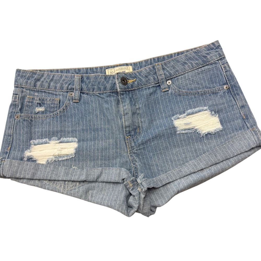 Blue Asphalt Women's Size 30 Mid Rise Striped‎ Denim Shorts Distressed Cuffed
